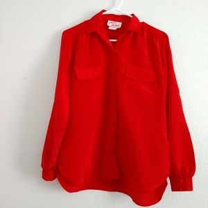 Bright Red Vintage Blouse Long Tab Sleeve Button Front Medium Chest 36" Office